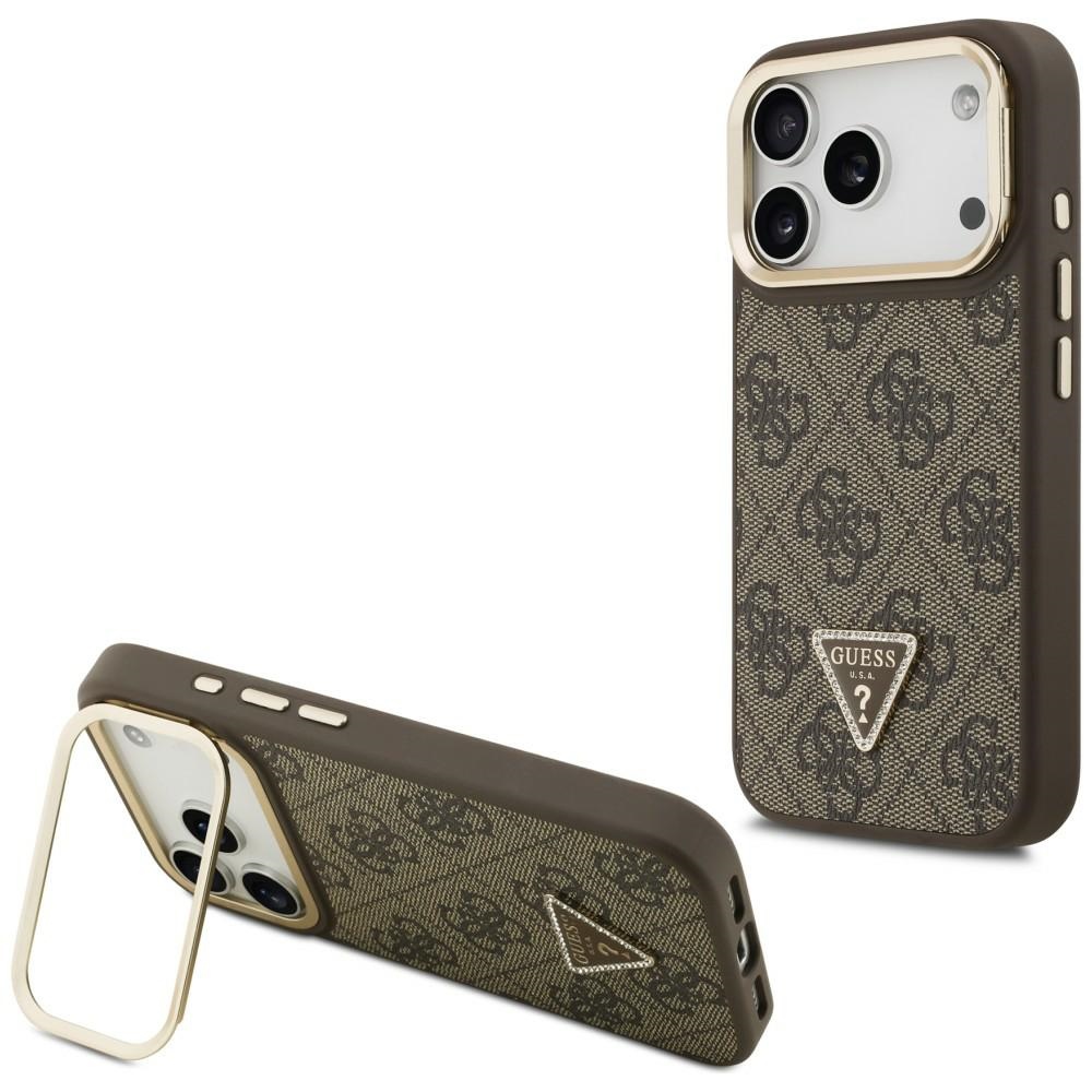 Guess 4G PU trikampio logotipo ir stovo kameros magnetinis dėklas telefonui iPhone 17 Pro - rudas