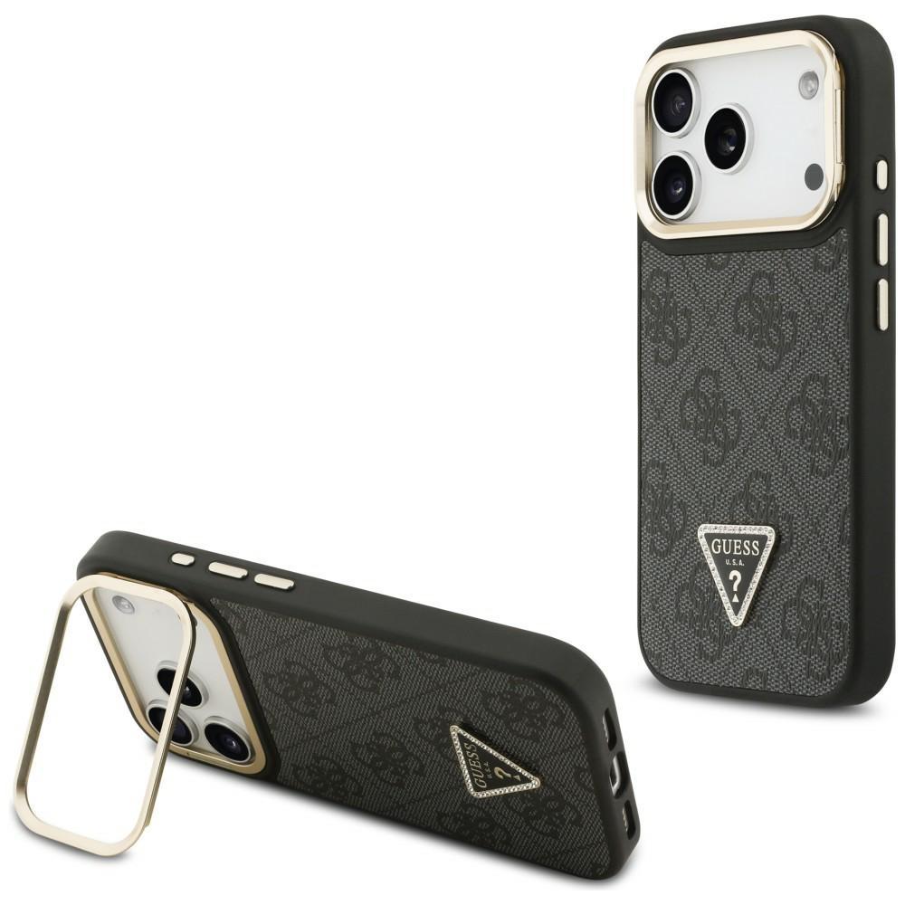 Guess 4G PU trikampio logotipo ir stovo kameros magnetinis dėklas telefonui iPhone 17 Pro - juodas