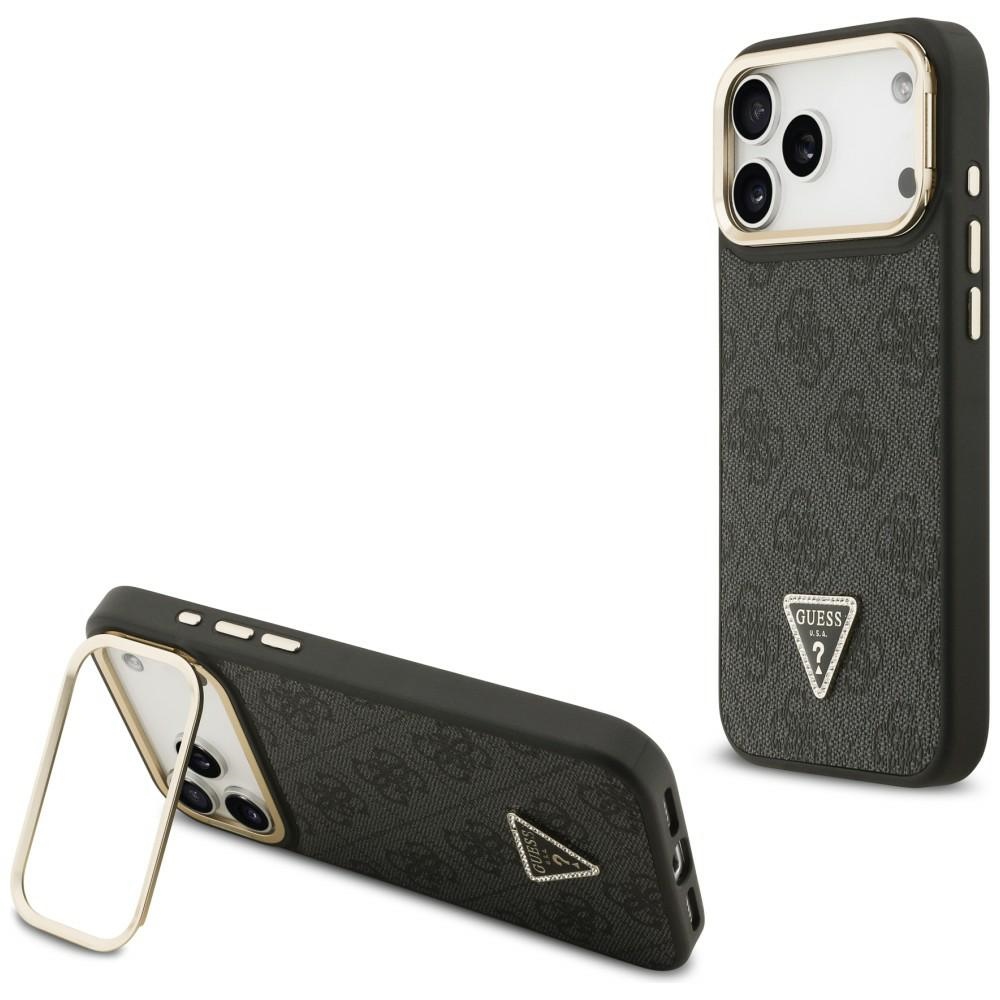 Guess 4G PU trikampio logotipo ir stovo magnetinis dėklas telefonui iPhone 17 Pro Max - juodas