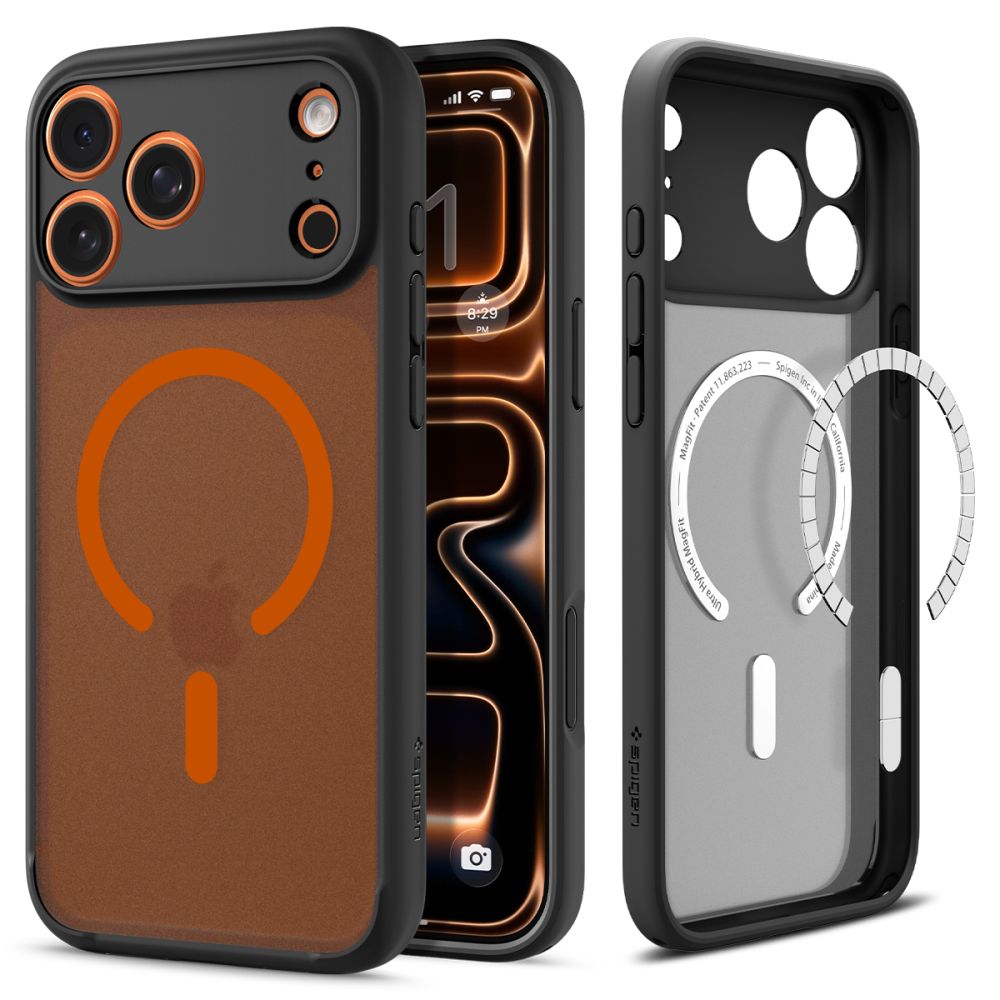 Spigen Ultra Hybrid MagSafe deklas, skirtas iPhone 17 Pro Max - Juodas ir oranzinis