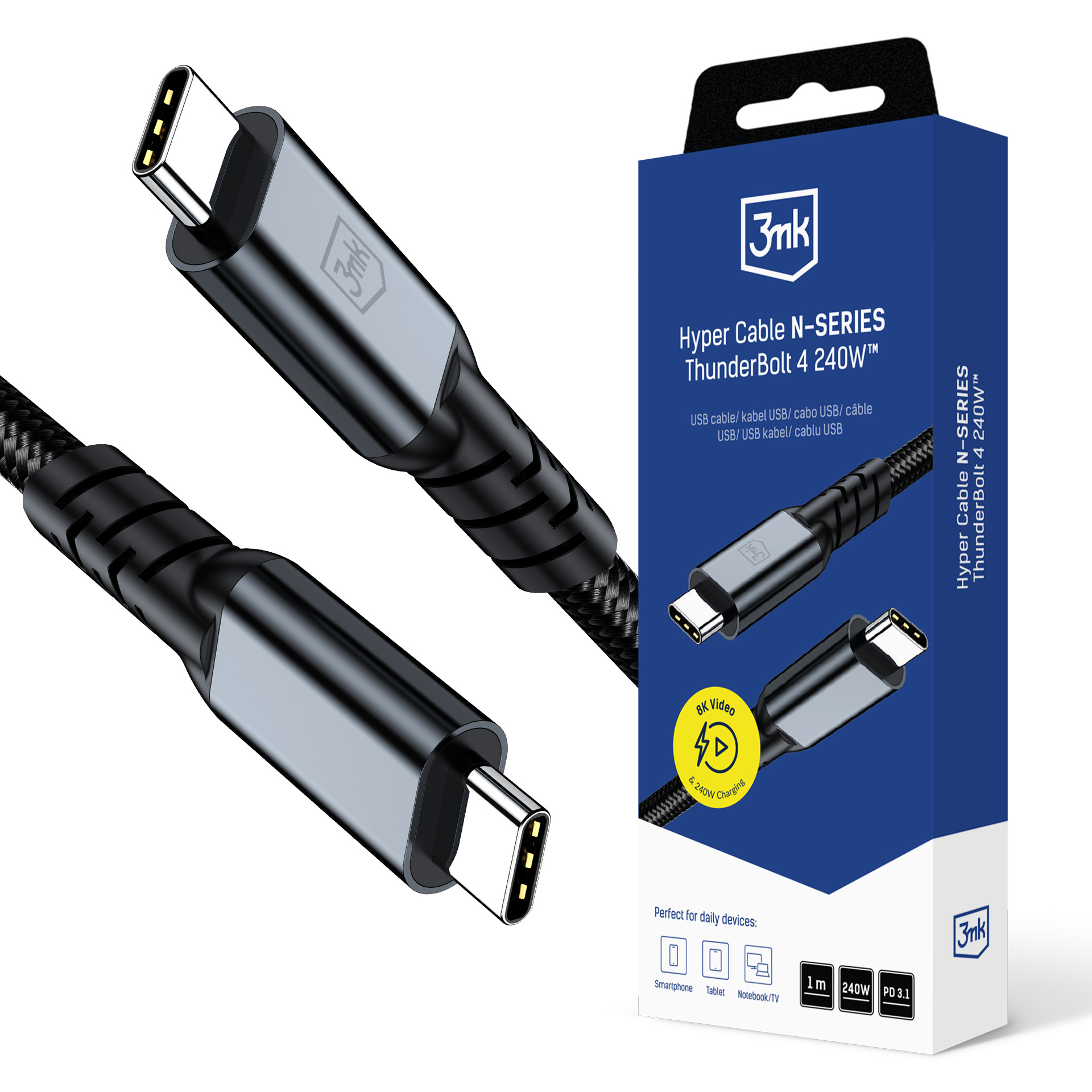 3mk "Hyper Cable N-SERIES Thunderbolt 4 USB-C / USB-C 1m 48V/5A 40Gb/s 240W 8K60Hz - juodas