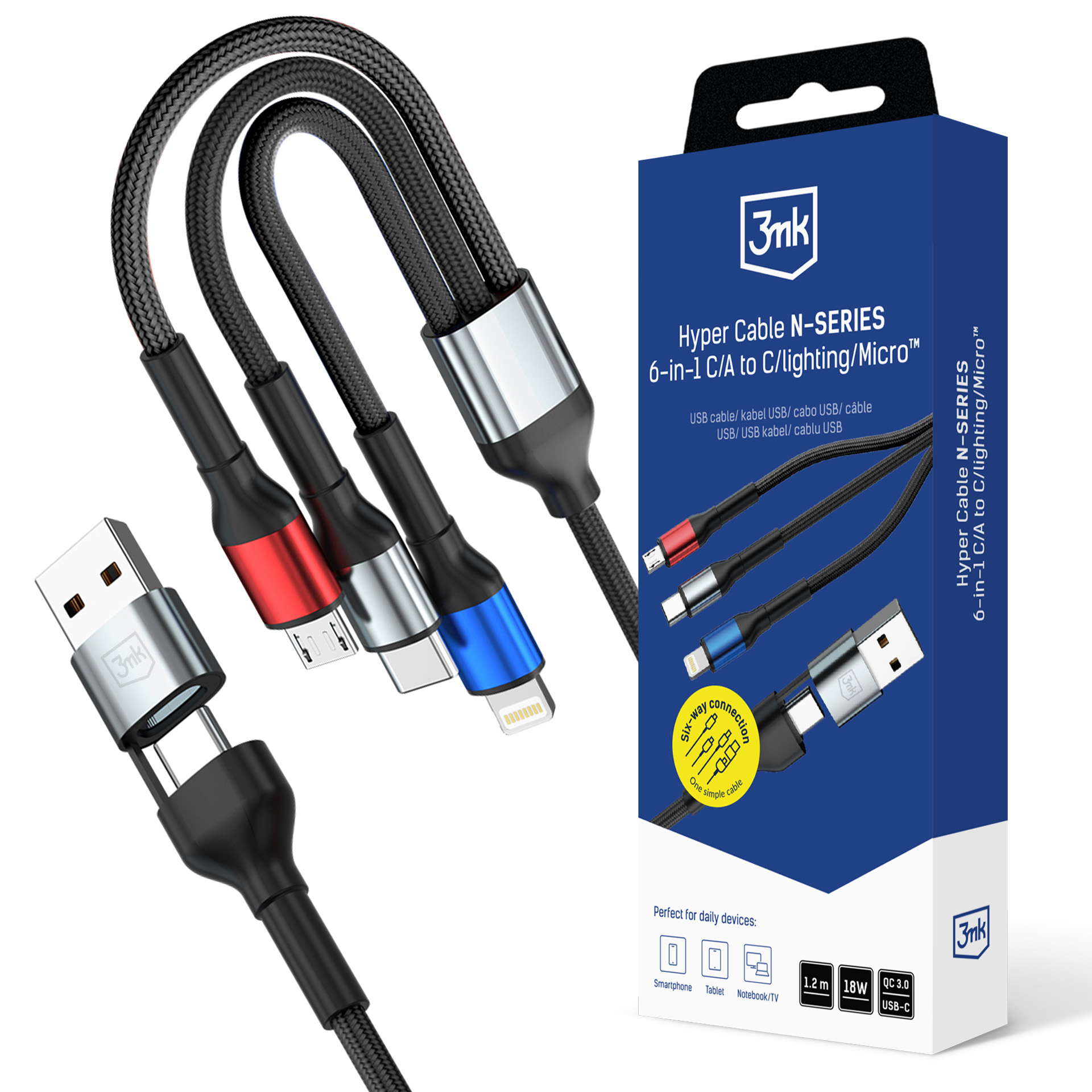 3mk Hyper Cable N-SERIES 6 in 1 USB-C / USB-A į USB-C / Lightning / Micro 1,2 m QC 3.0 9V / 2A 18W - juodas