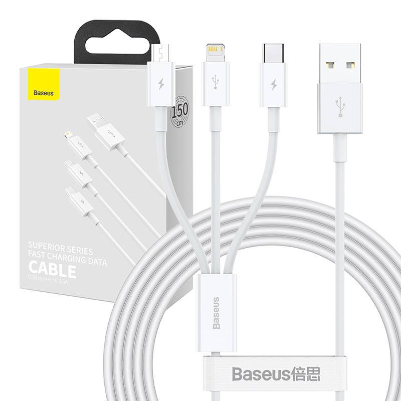 USB kabelis Baseus 3in1 Superior baltas 150 cm iki 3.5A