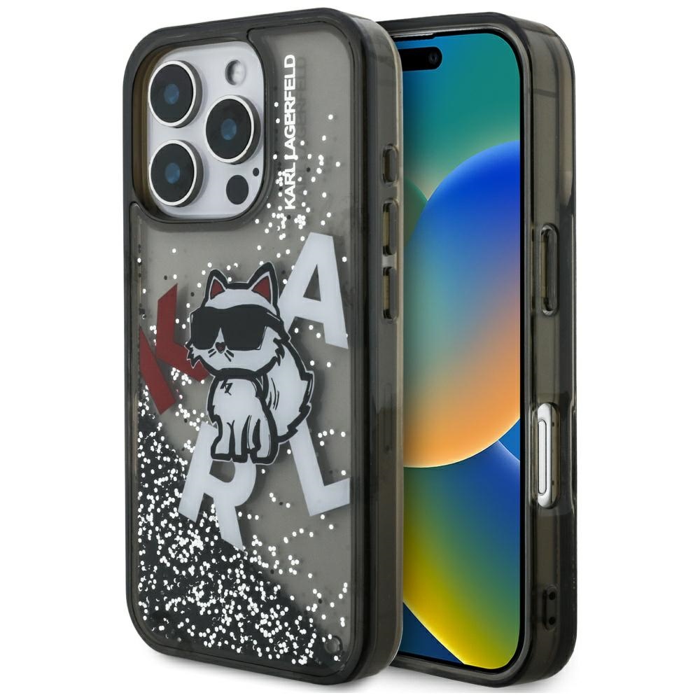 Karl Lagerfeld Liquid Glitter Choupette Logo deklas iPhone 16 Pro - juodas