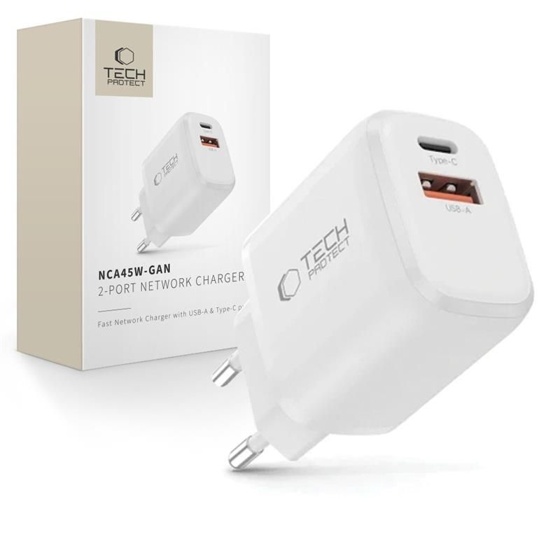 "Tech-Protect" NCA45W-GAN 2 prievadų USB-C / USB-A 45 W sieninis įkroviklis - baltas