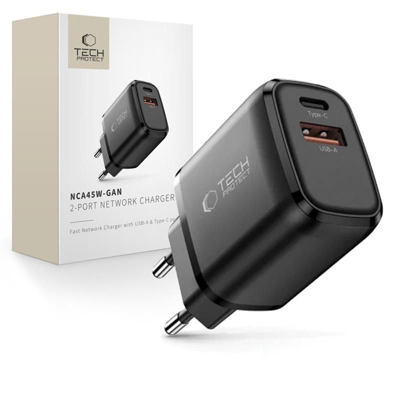 "Tech-Protect" NCA45W-GAN 2 prievadų USB-C / USB-A 45 W sieninis įkroviklis - juodas