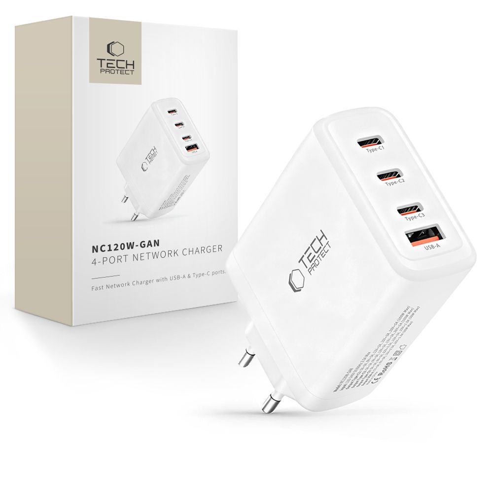 "Tech-Protect NC120W-GAN" 4 prievadų 120 W sieninis įkroviklis - baltas