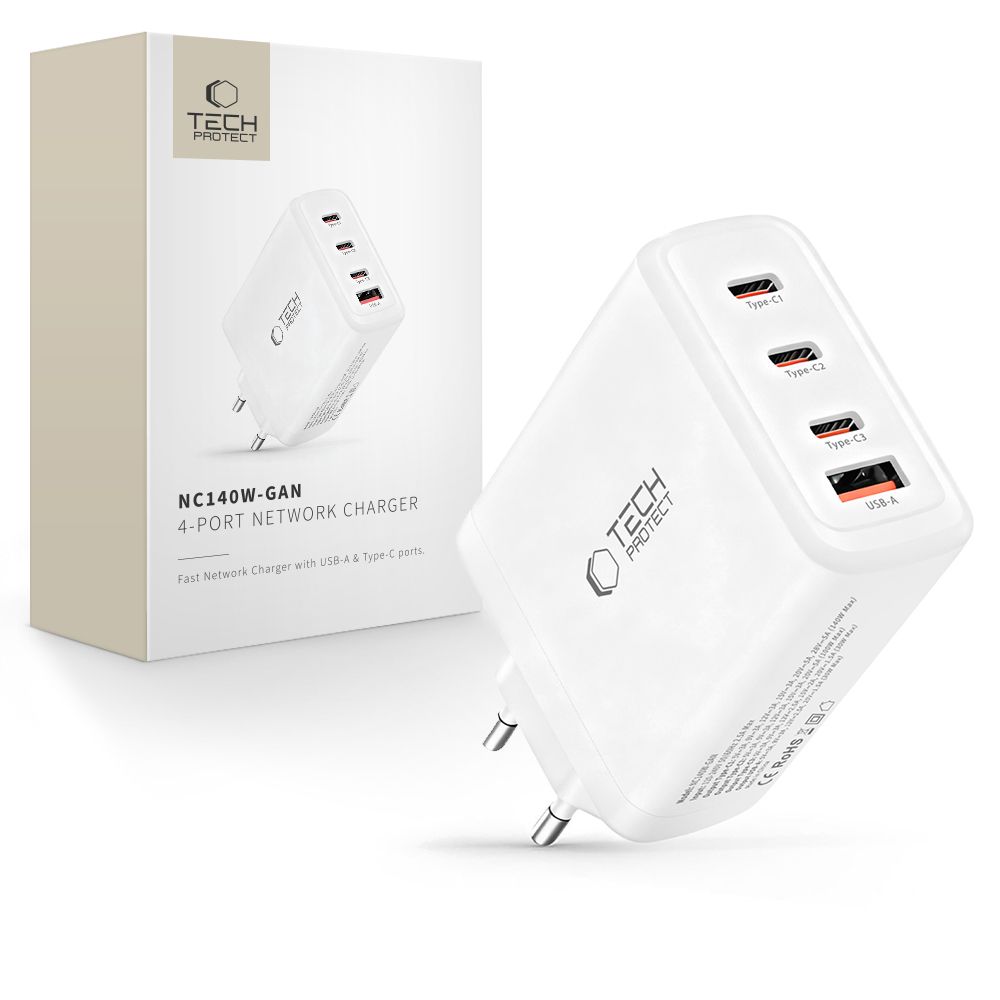 "Tech-Protect NC140W-GAN" 4 prievadų 140 W sieninis įkroviklis - baltas