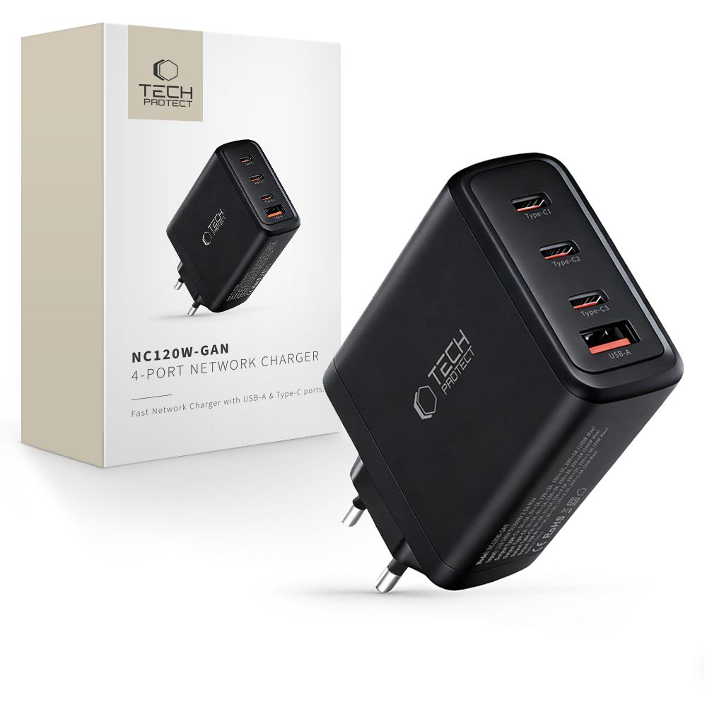 "Tech-Protect NC120W-GAN" 4 prievadų 120 W sieninis įkroviklis - juodas