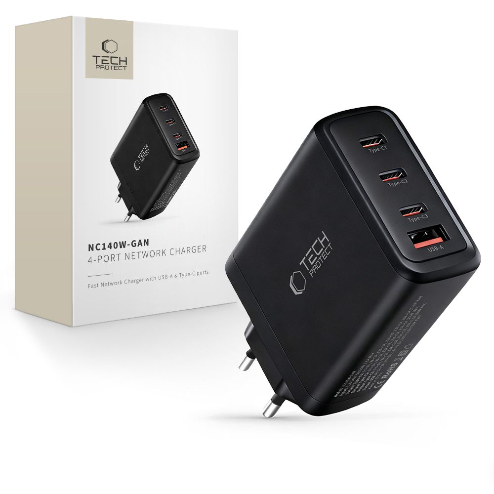 "Tech-Protect NC140W-GAN" 4 prievadų 140 W sieninis įkroviklis - juodas