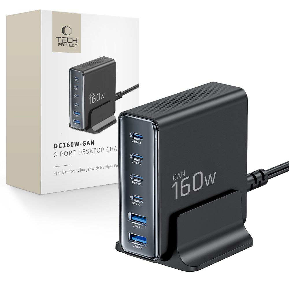 "Tech-Protect DC160W-GAN" 6 prievadų 160 W sieninis įkroviklis - juodas