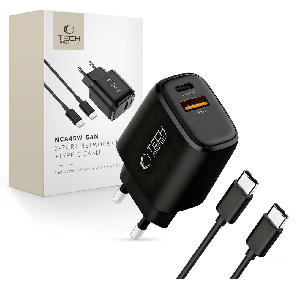 "Tech-Protect" NCA45W-GAN 2 prievadų 45 W sieninis įkroviklis su USB-C kabeliu - juodas