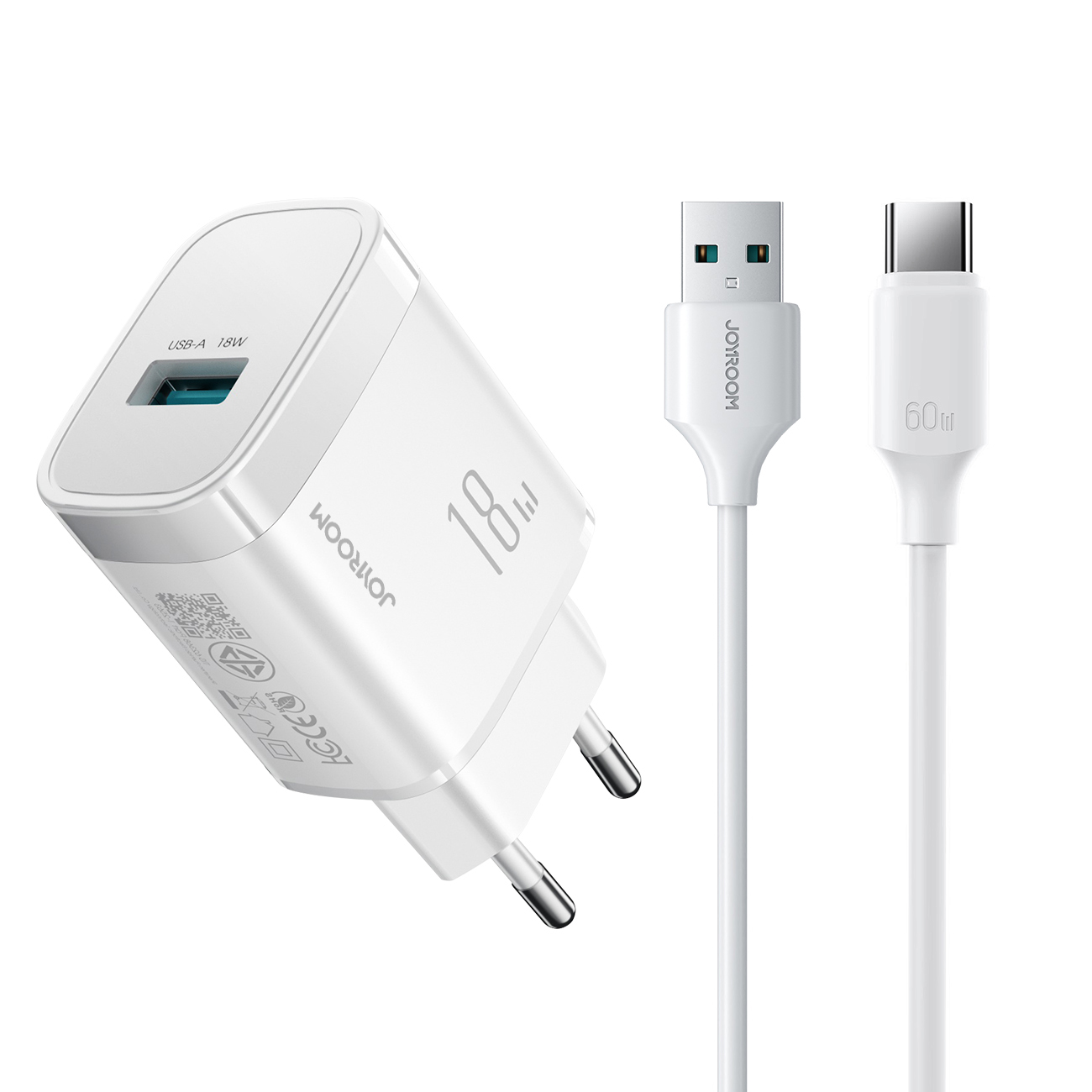 Joyroom JR-TF4 18W sieninis įkroviklis su 3A USB-A - USB-C 1m laidu - baltas