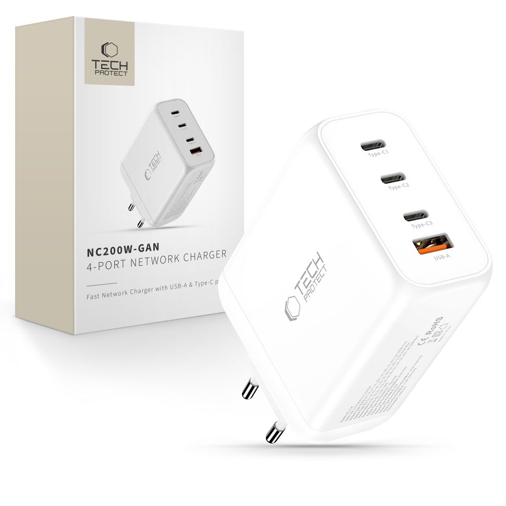 "Tech-Protect NC200W-GaN" 4 prievadų 200 W sieninis įkroviklis - baltas
