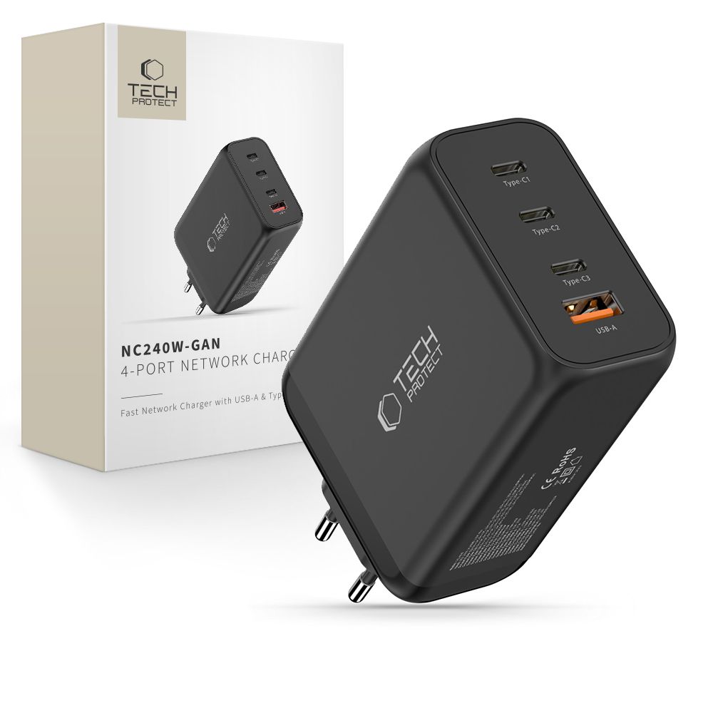 "Tech-Protect NC240W-GaN" 4 prievadų 240 W sieninis įkroviklis - juodas