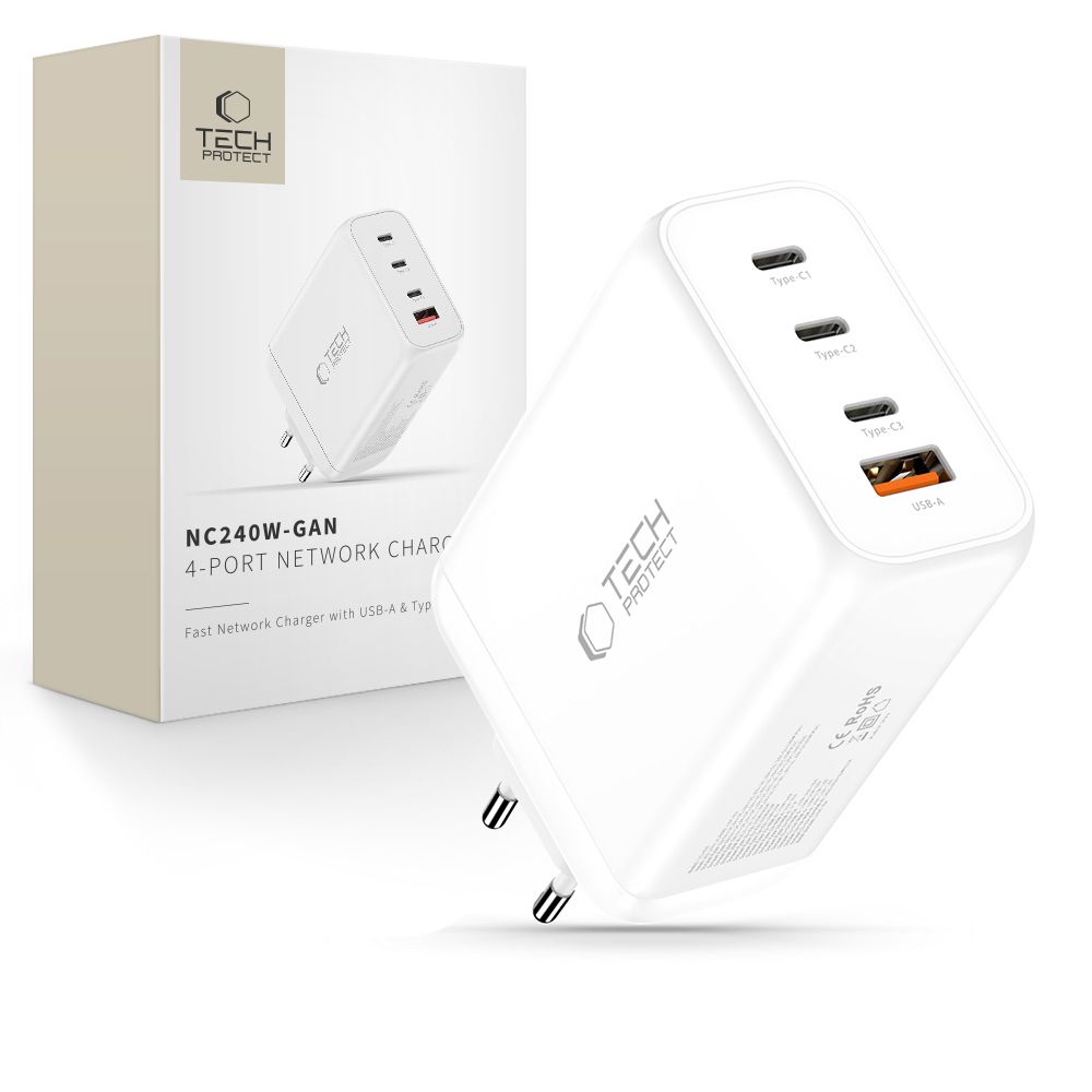 "Tech-Protect NC240W-GaN" 4 prievadų 240 W sieninis įkroviklis - baltas