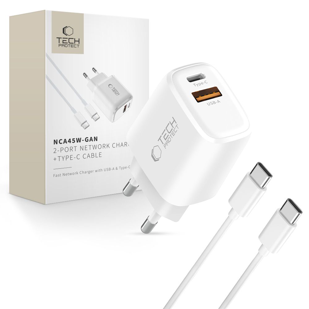 "Tech-Protect" NCA45W-GAN 2 prievadų 45 W sieninis įkroviklis su USB-C kabeliu - baltas
