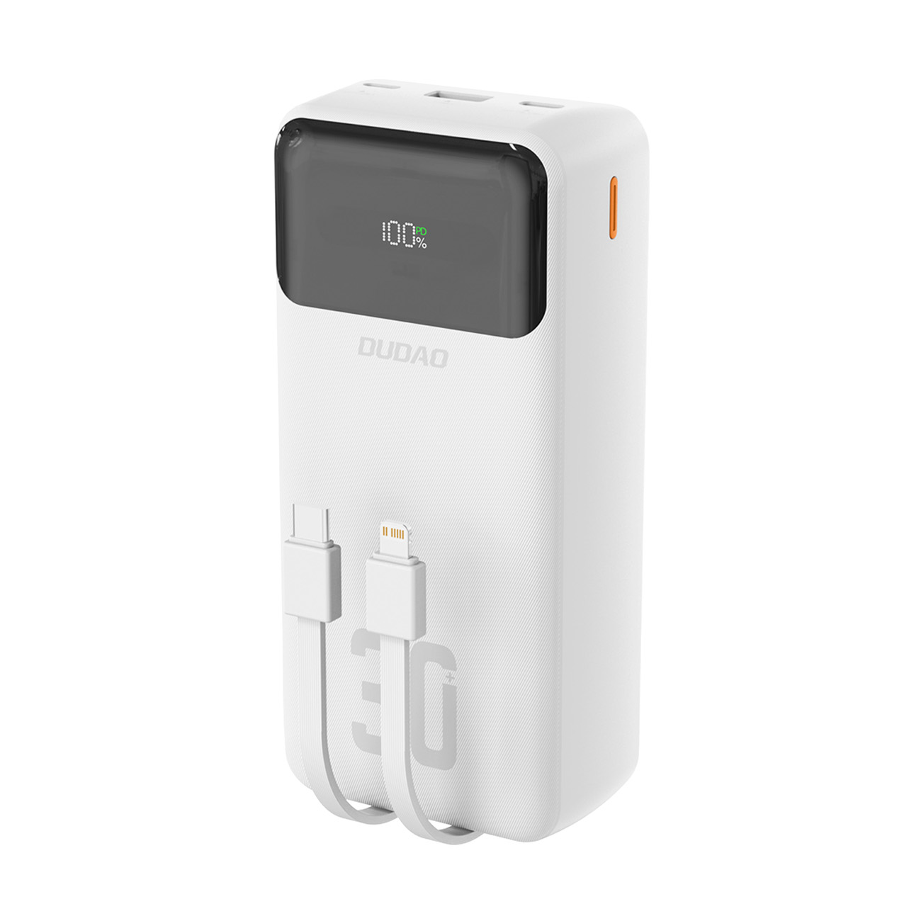 Dudao K15Max 30000mAh PD 22,5W išorinė baterija su USB-C ir Lightning laidais - balta