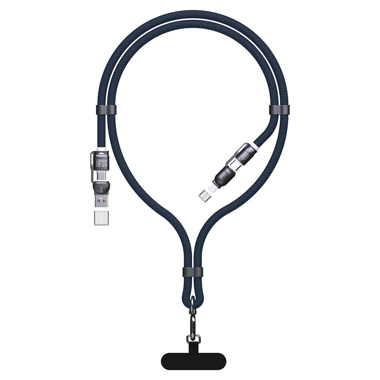 Dudao L20Max 65W 4-in-1 mėlynas laidas su dirželiu USB-C į USB-C su Lightning ir USB-A adapteriais