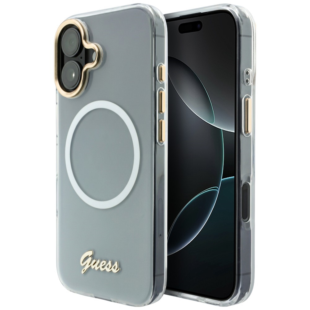 Guess IML Gradient Script Metal MagSafe Dėklas for iPhone 17 - baltas