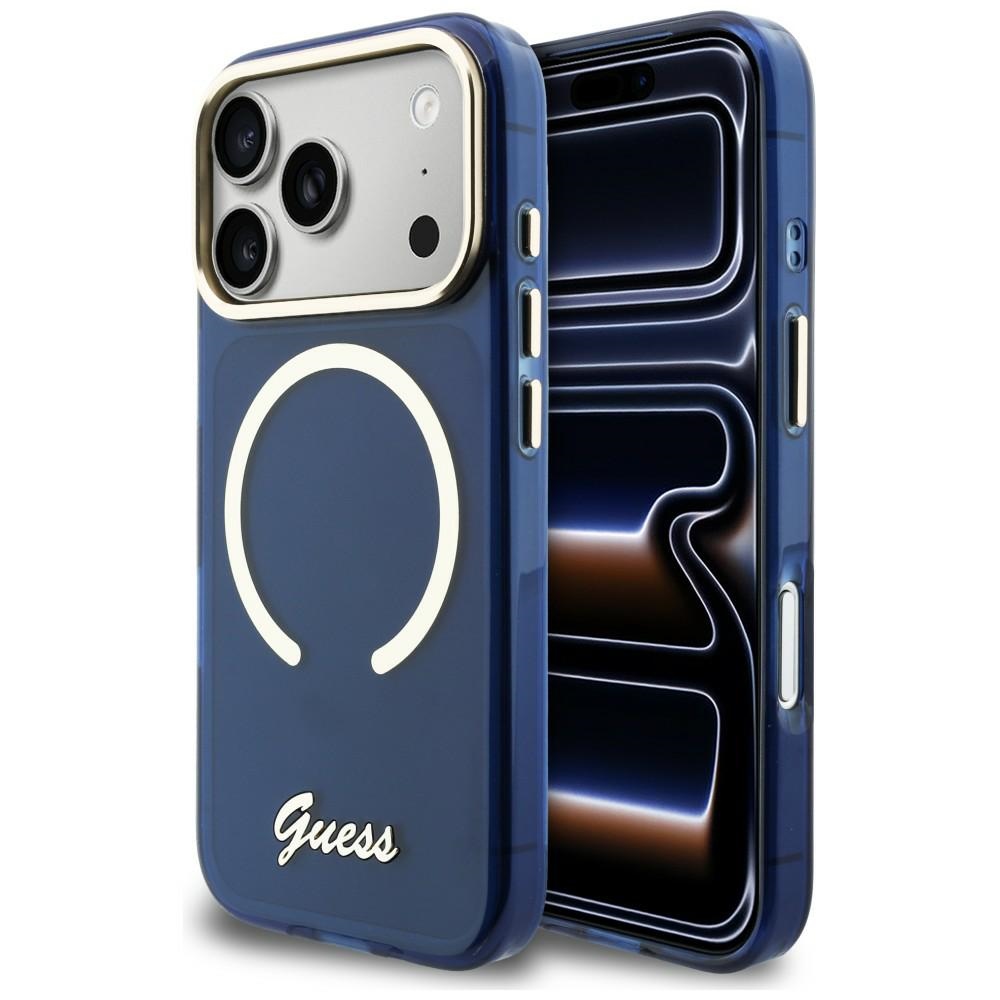 Guess IML Script Metal MagSafe Dėklas for iPhone 17 Pro - mėlynas