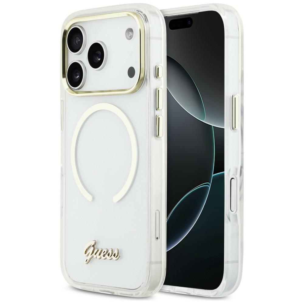 Guess IML Script Metal MagSafe Dėklas for iPhone 17 Pro - Clear