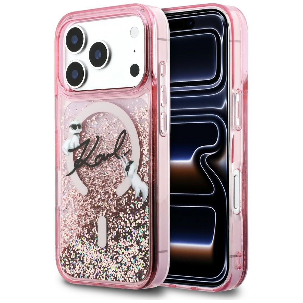Karl Lagerfeld Liquid Glitter Karl Script Logo MagSafe Dėklas for iPhone 17 Pro - rožinis