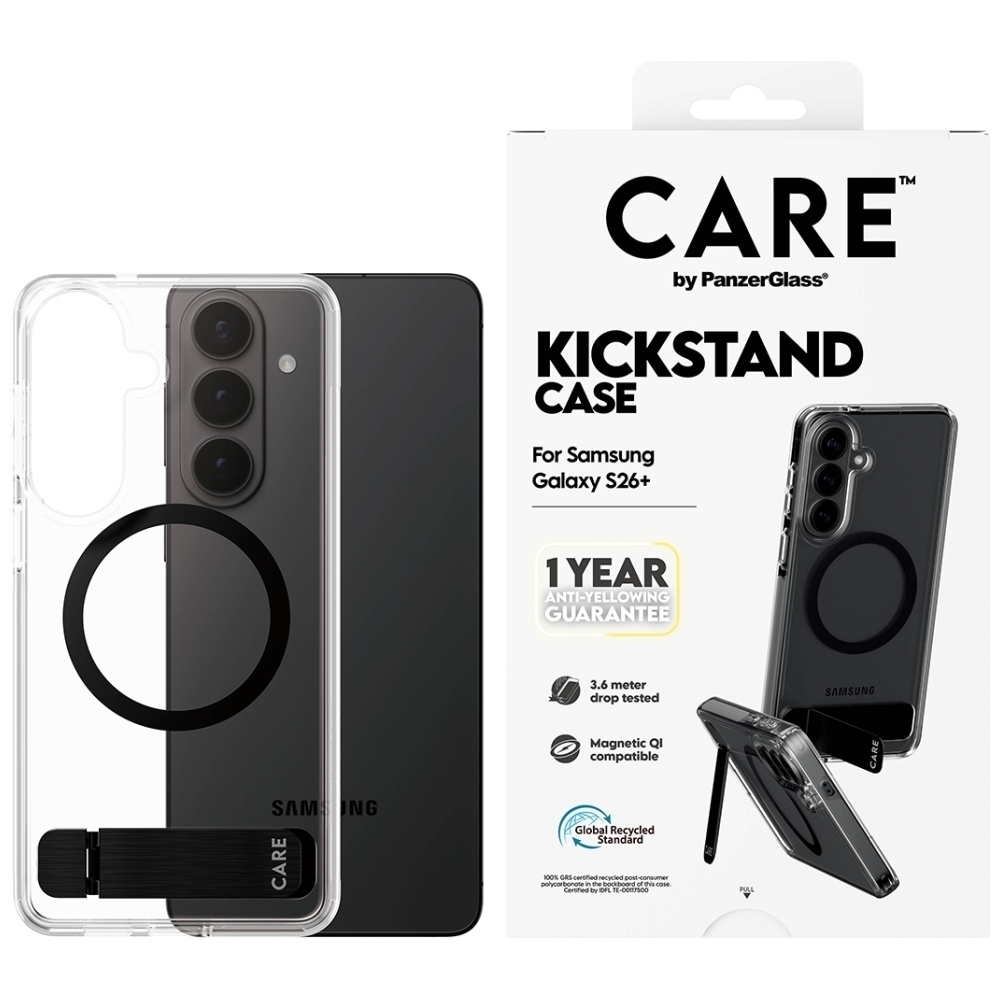 CARE by PanzerGlass juodas Kickstand & QI dėklas Samsung Galaxy S26+ - skaidrus