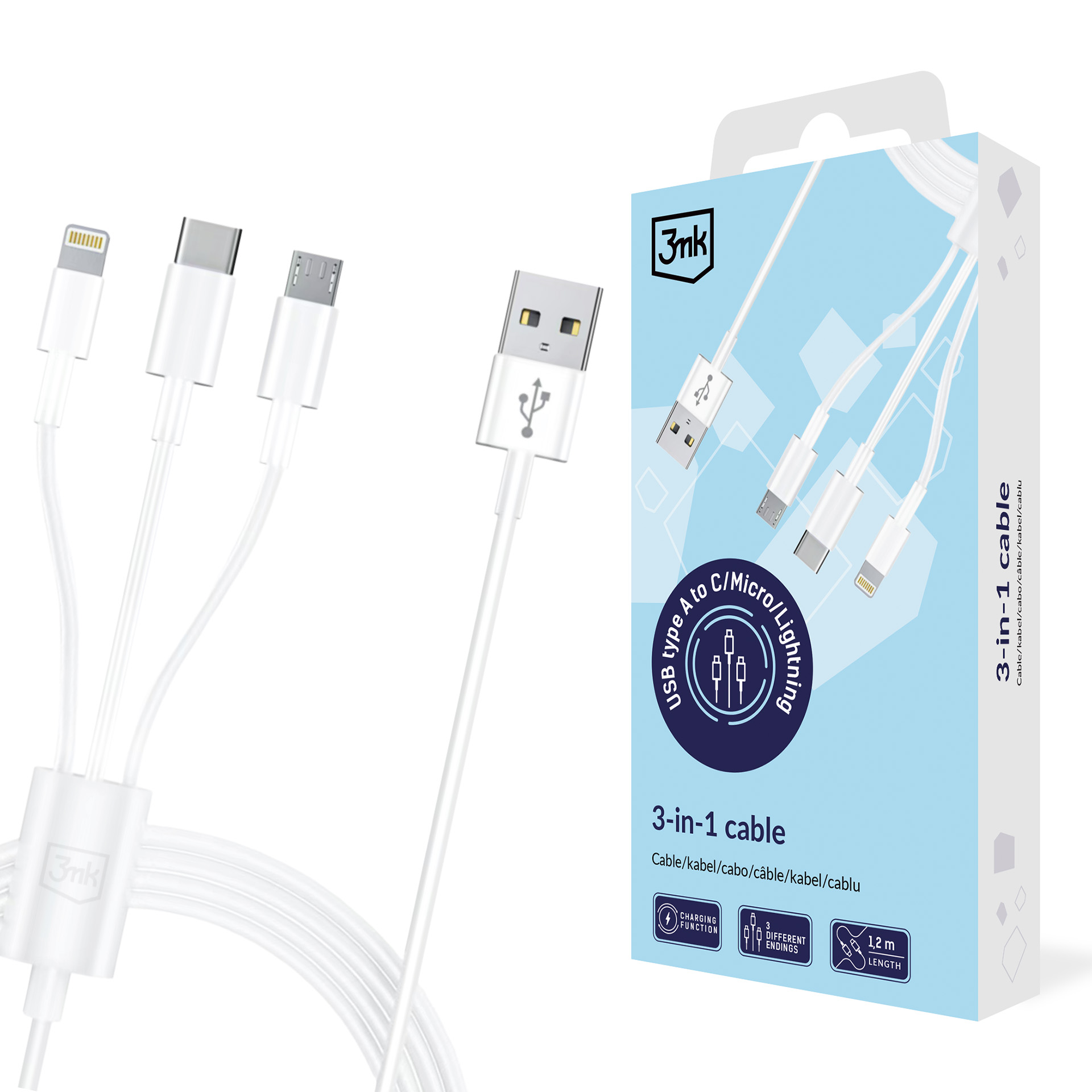 3mk 3-in-1 laidas USB-A - microUSB / Lightning / USB-C 1.2m 20V/2.4A 15W, baltas