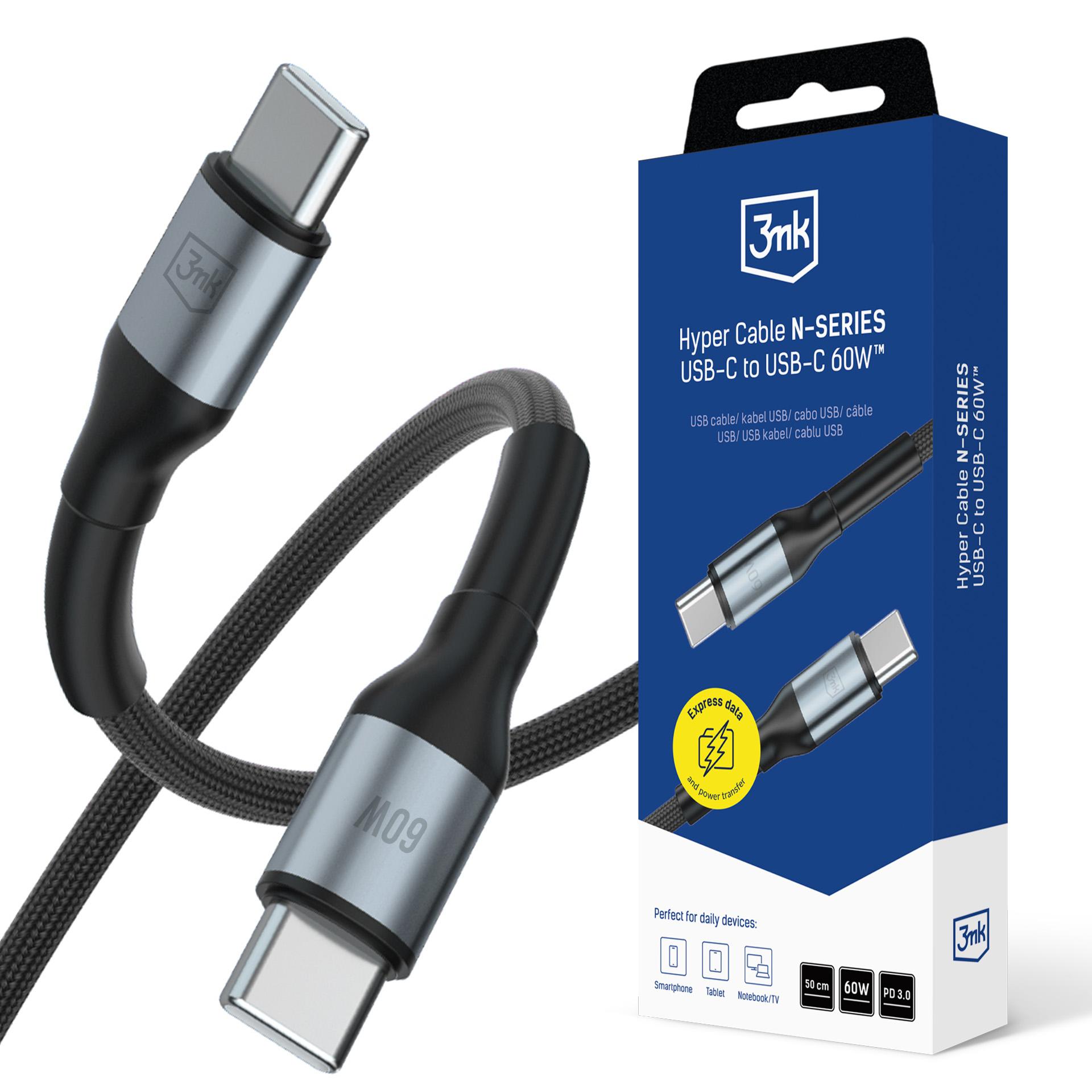 3mk Hyper Cable N-SERIES USB-C / USB-C laidas 50cm PD 3.0 QC 3.0 20V/3A 60W juodas