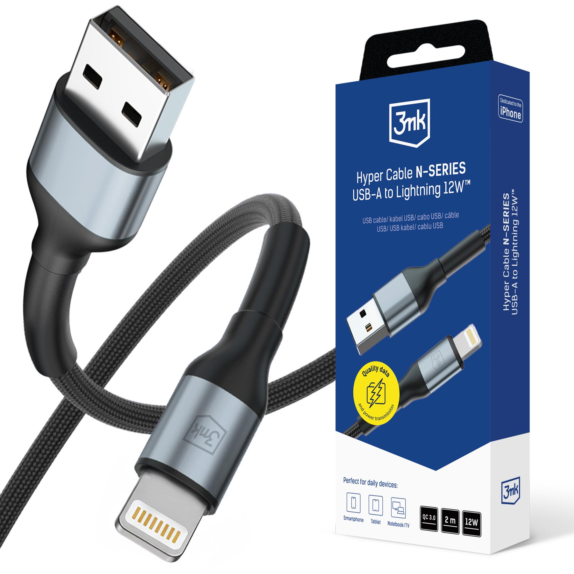 3mk Hyper Cable N-SERIES USB-A / Lightning laidas 2m QC 3.0 5V/2.4A 12W juodas