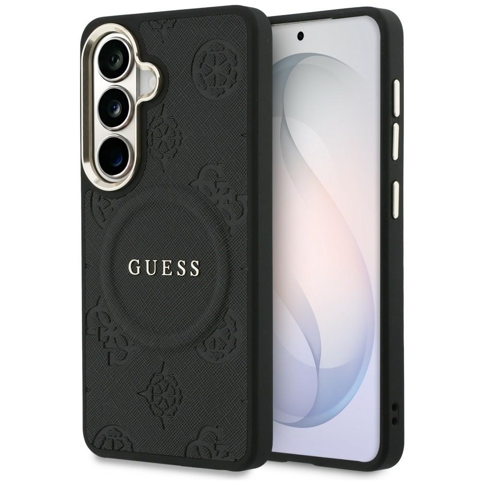Guess Saffiano Peony Embossed Ring MagSafe dėklas Samsung Galaxy S26+ juodas