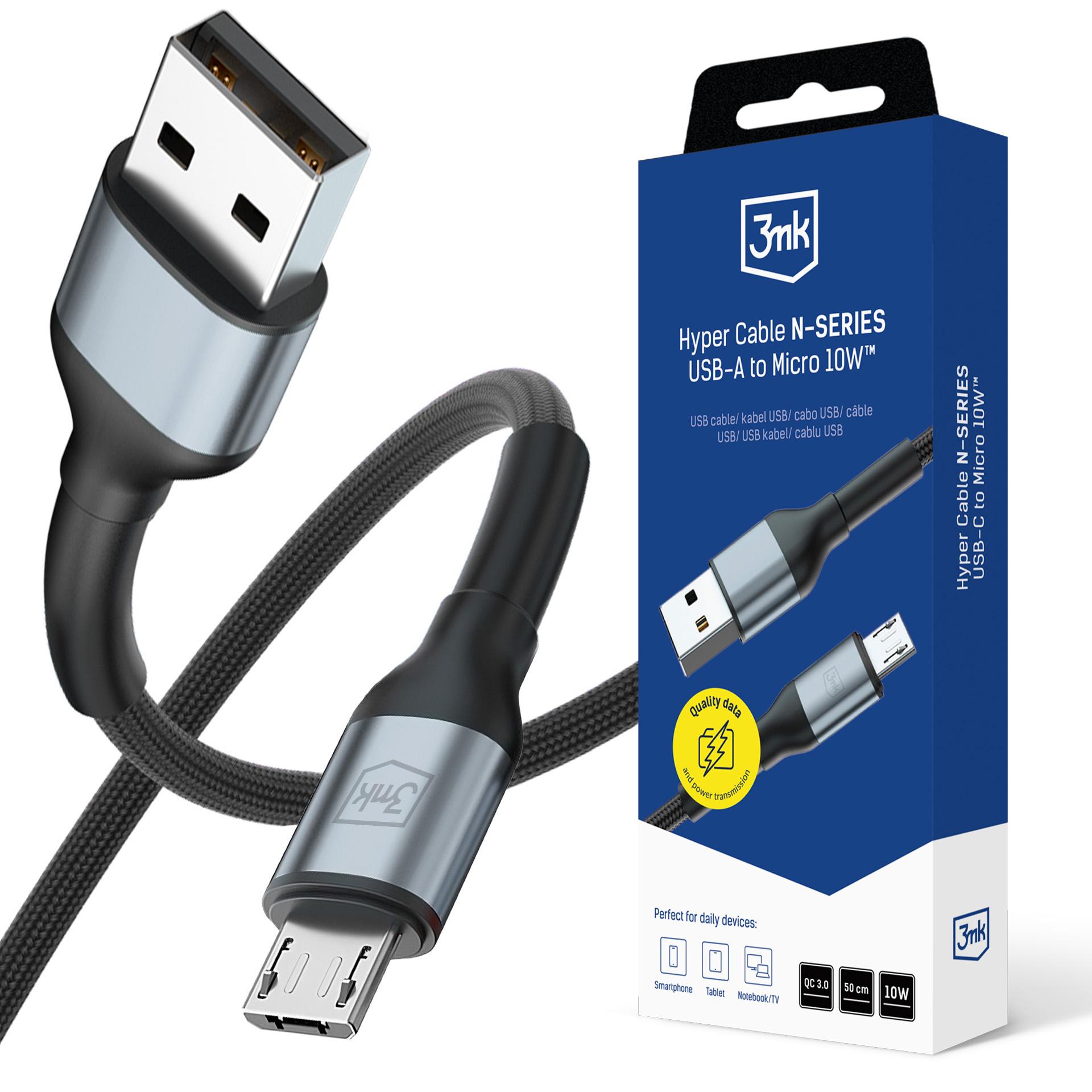 3mk Hyper Cable N-SERIES USB-A / MicroUSB laidas 50cm QC 3.0 5V/2A 10W juodas