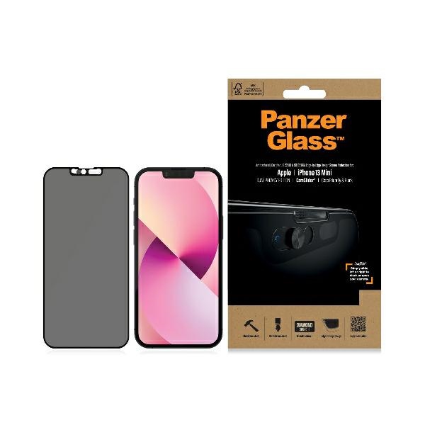 PanzerGlass E2E Microfracture grūdintas stiklas iPhone 13 Mini CamSlider privatumo antibakterinis juodas