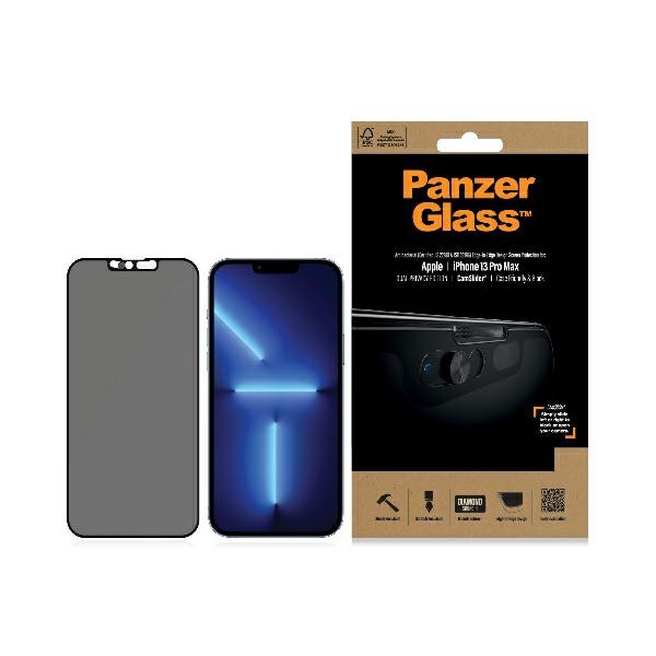 PanzerGlass E2E Microfracture grūdintas stiklas iPhone 13 Pro Max CamSlider privatumo antibakterinis juodas