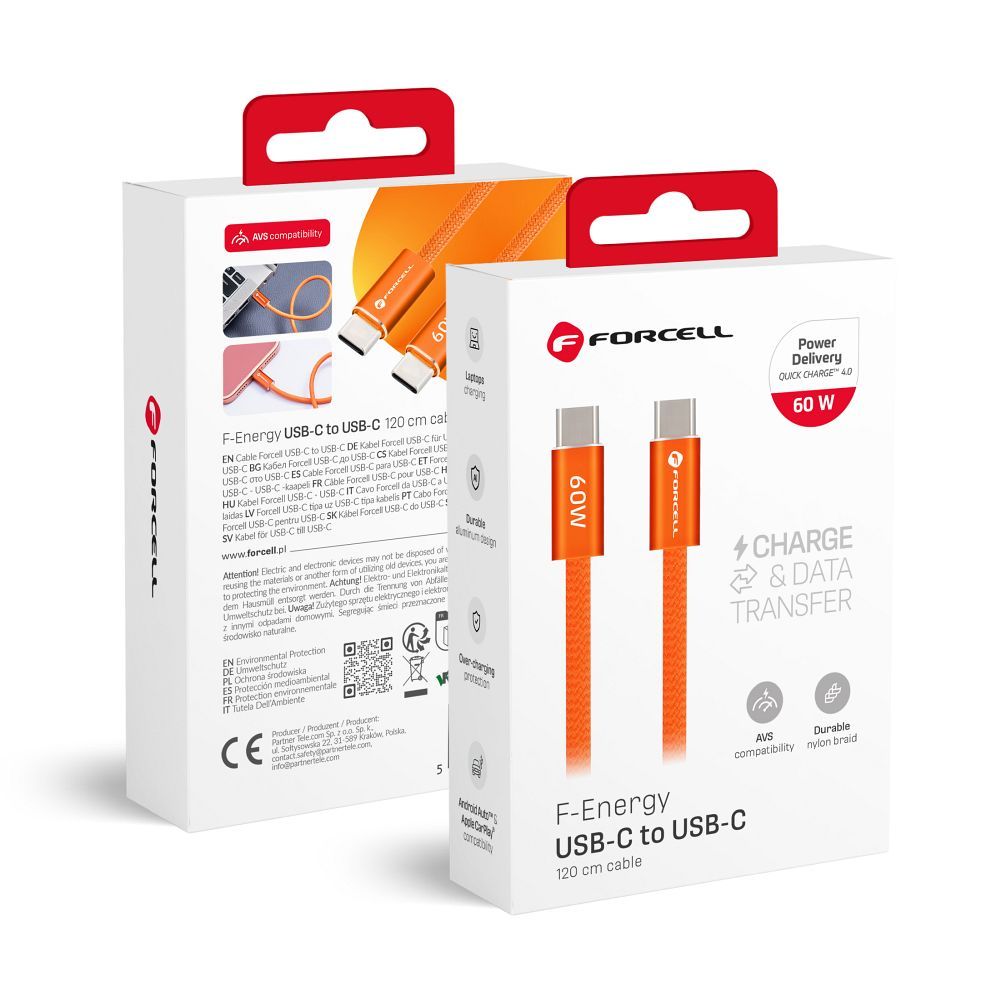 Cable USB C to USB C Forcell F-Energy QC4.0 PD 3A 60W Cafule Color 1,2 m ACYH23 orange