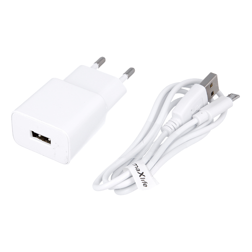 "Maxlife MXTC-01" įkroviklis 1x USB 2,1A baltos spalvos + microUSB laidas