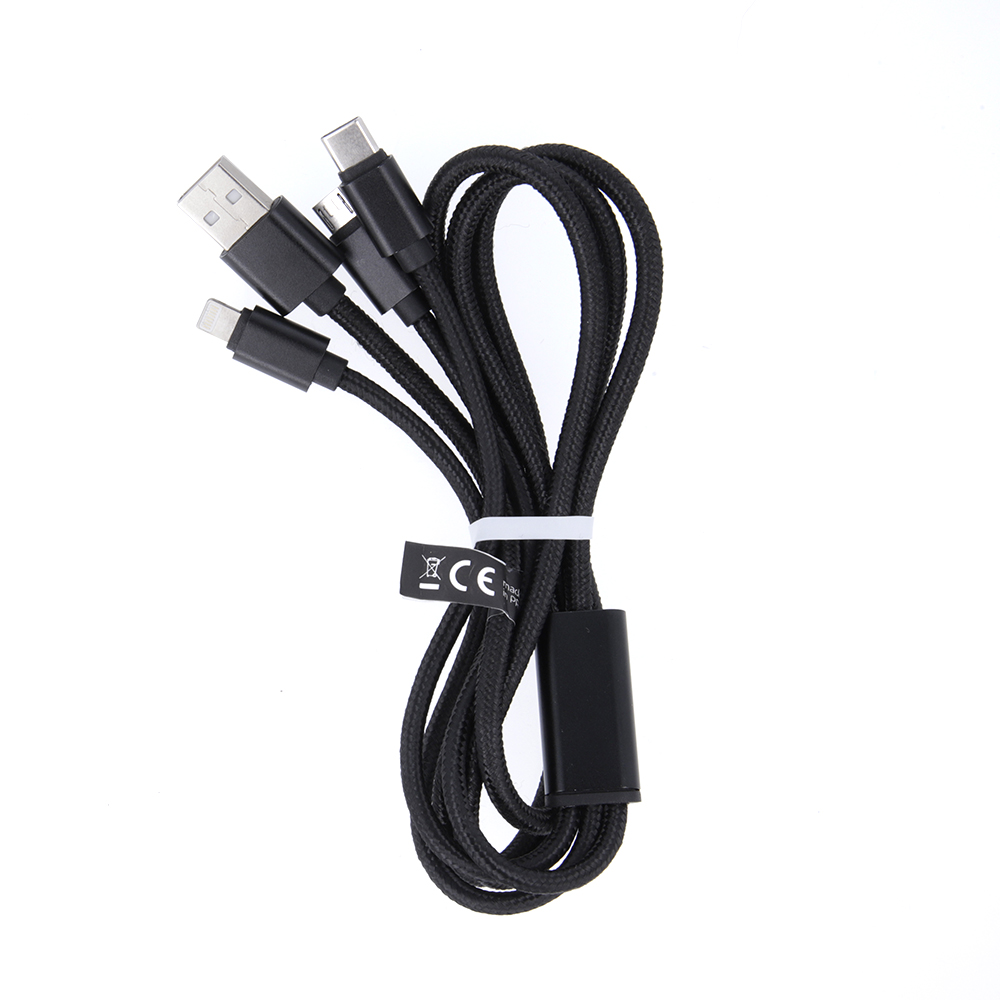 Maxlife 3in1 кабель USB - Lightning + USB-C + microUSB 1,0 м 2,1A черный нейлон