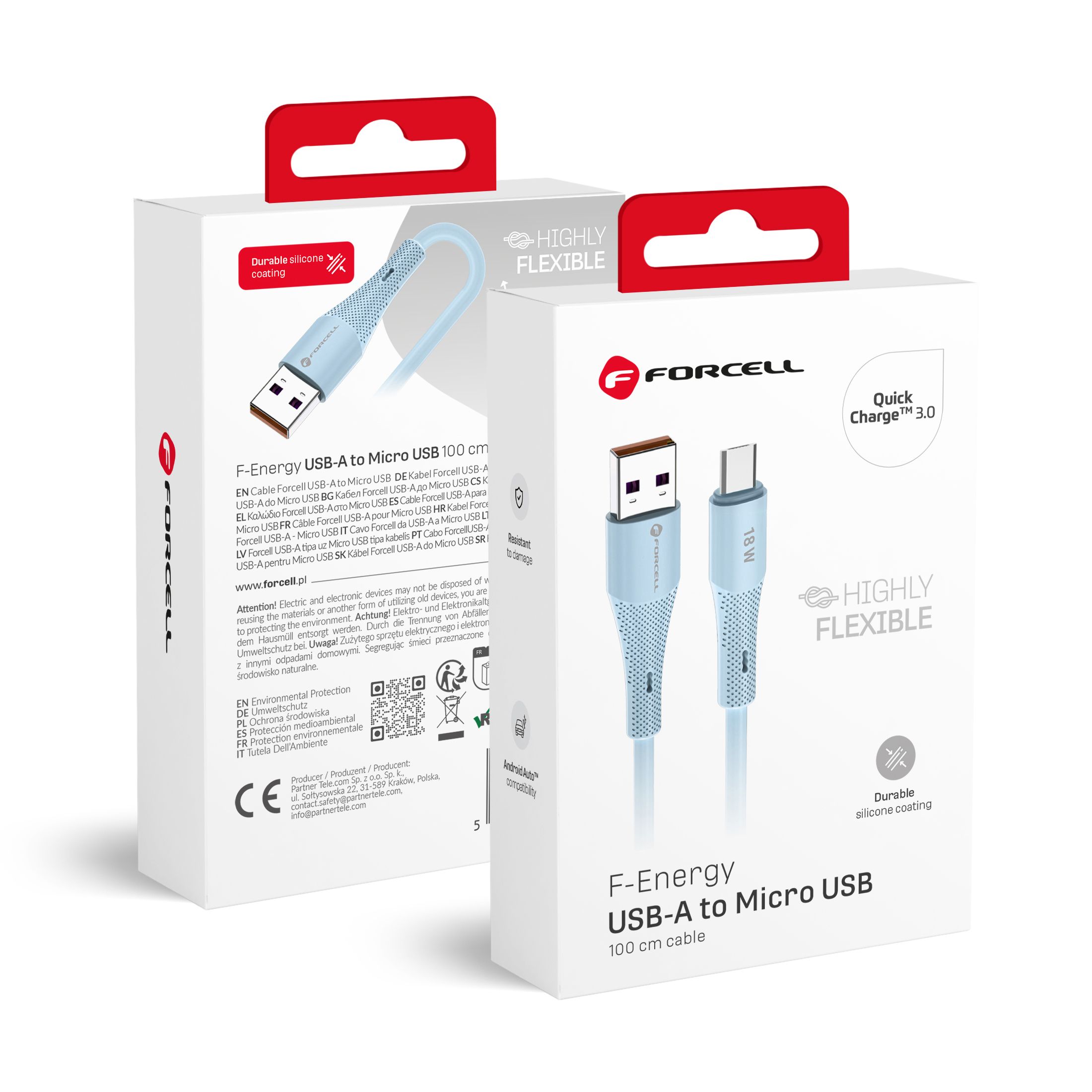 Kabelis FORCELL F-ENERGY C341 USB A į Micro USB QC3.0 2,4A 18W Silikoninis 1 m mėlynas (m)