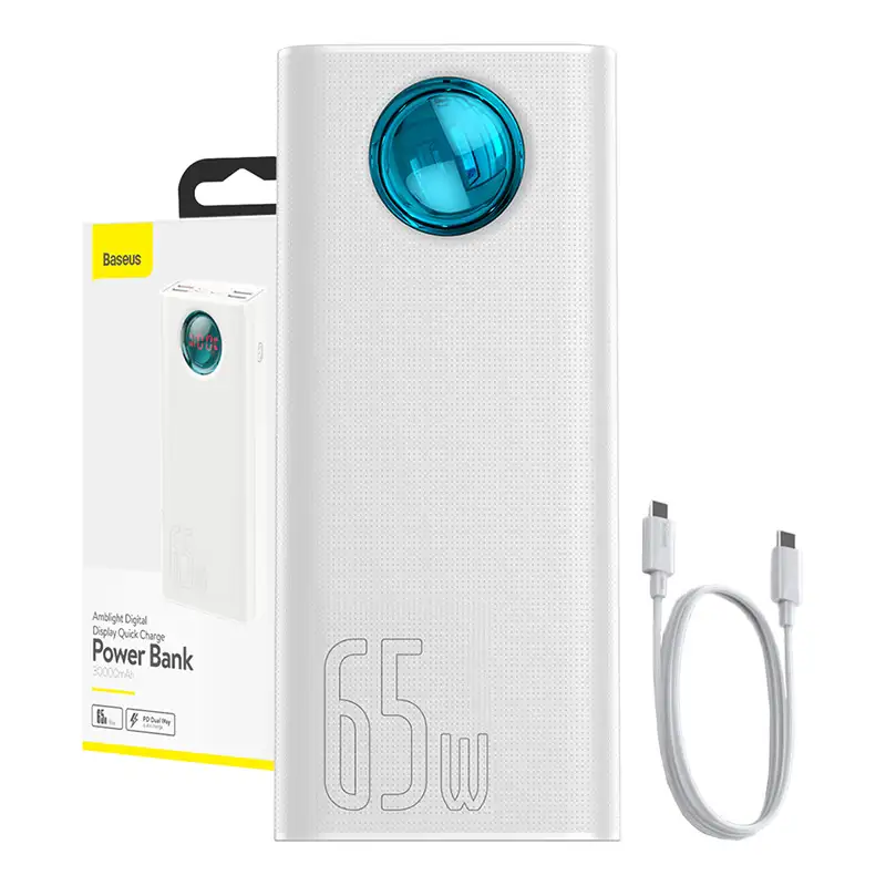 Išorinė baterija Baseus Amblight 30000mAh, 4xUSB, USB-C, 65W (balta)
