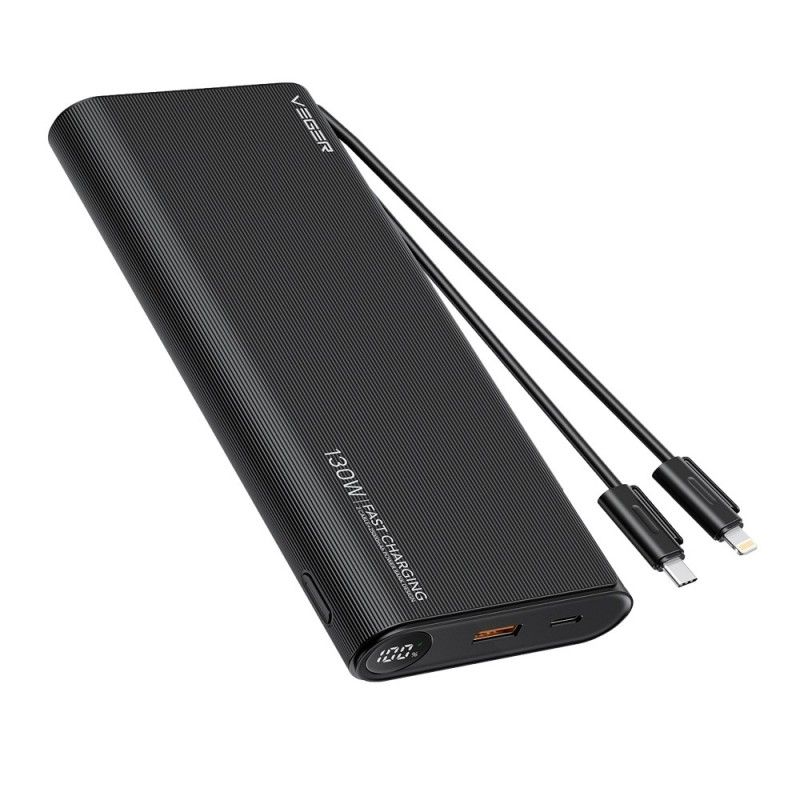 VEGER išorinė baterija 25000 mAh su įmontuotais kabeliais Type C / Lightning PD 130W TCE130 (W2503) juoda
