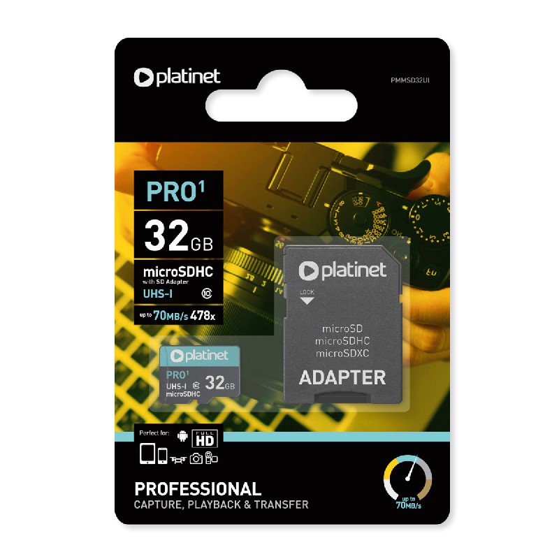 Memory card Platinet MicroSD 32GB (class10 UHS-III 90MB/s) + SD adapteris