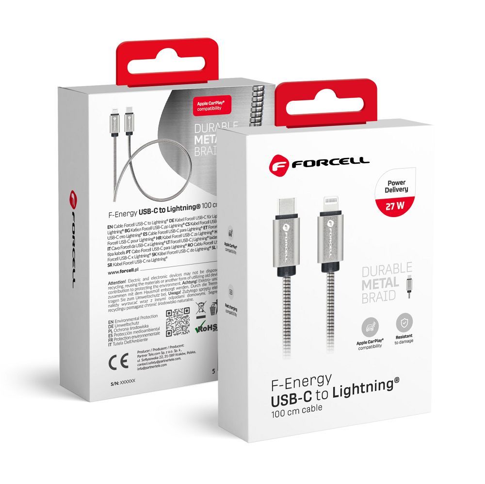 FORCELL F-ENERGY Metal C238 kabelis Type C į Lightning PD 3A 27W 1 m sidabrinis
