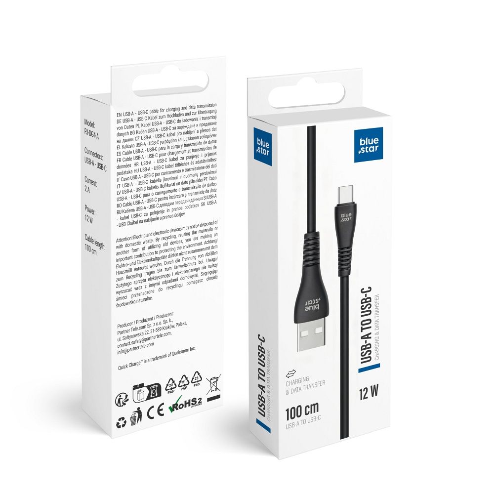 Blue Star laidas USB A - USB C 2A 12W 1m PJ-DG4-A juodas