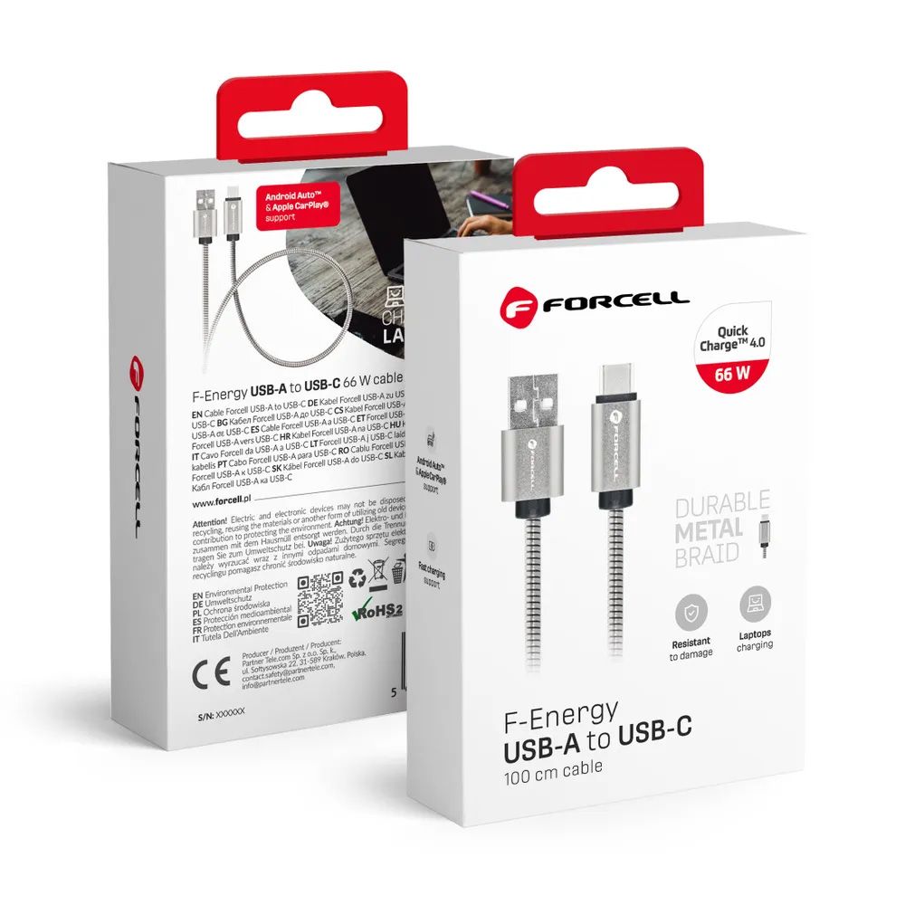 Kabelis (m) USB A į USB C Forcell F-Energy QC4.0 3A 66W C234 Metalinis 1 m sidabrinis