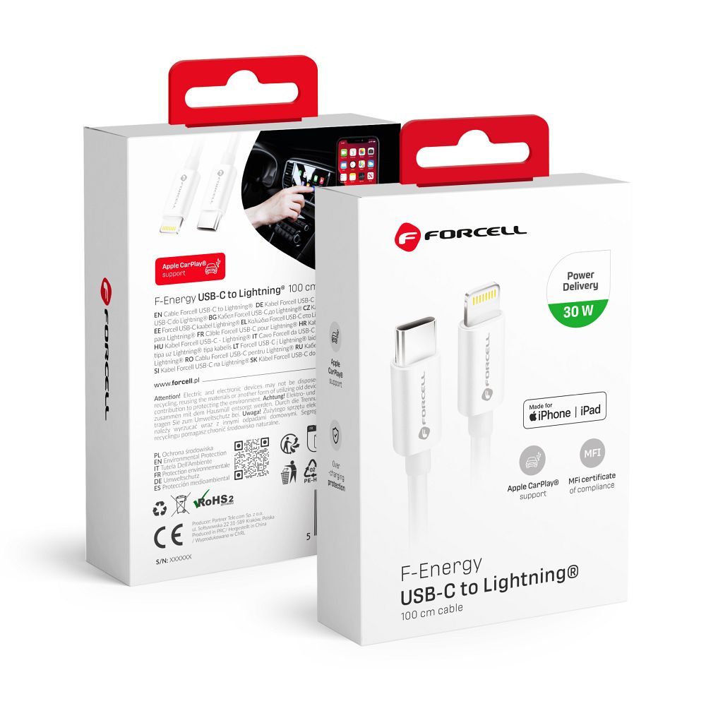 FORCELL F-ENERGY C901 kabelis Type C į Lightning MFi PD 3A 30W 1 m baltas