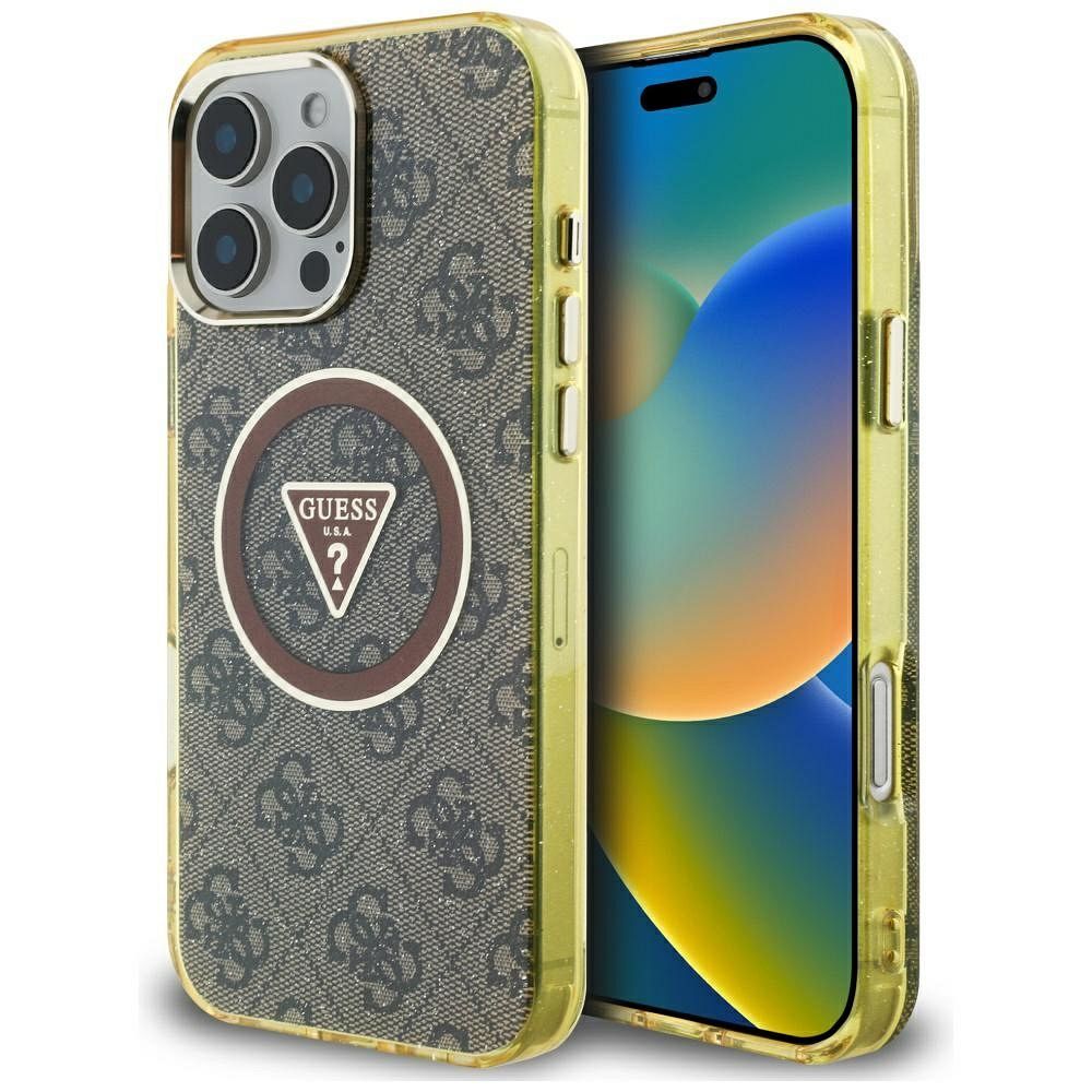 Guess IML Metal Glitter 4G Circle Triangle Magnetinis dėklas telefonui iPhone 16 Pro Max - rudas
