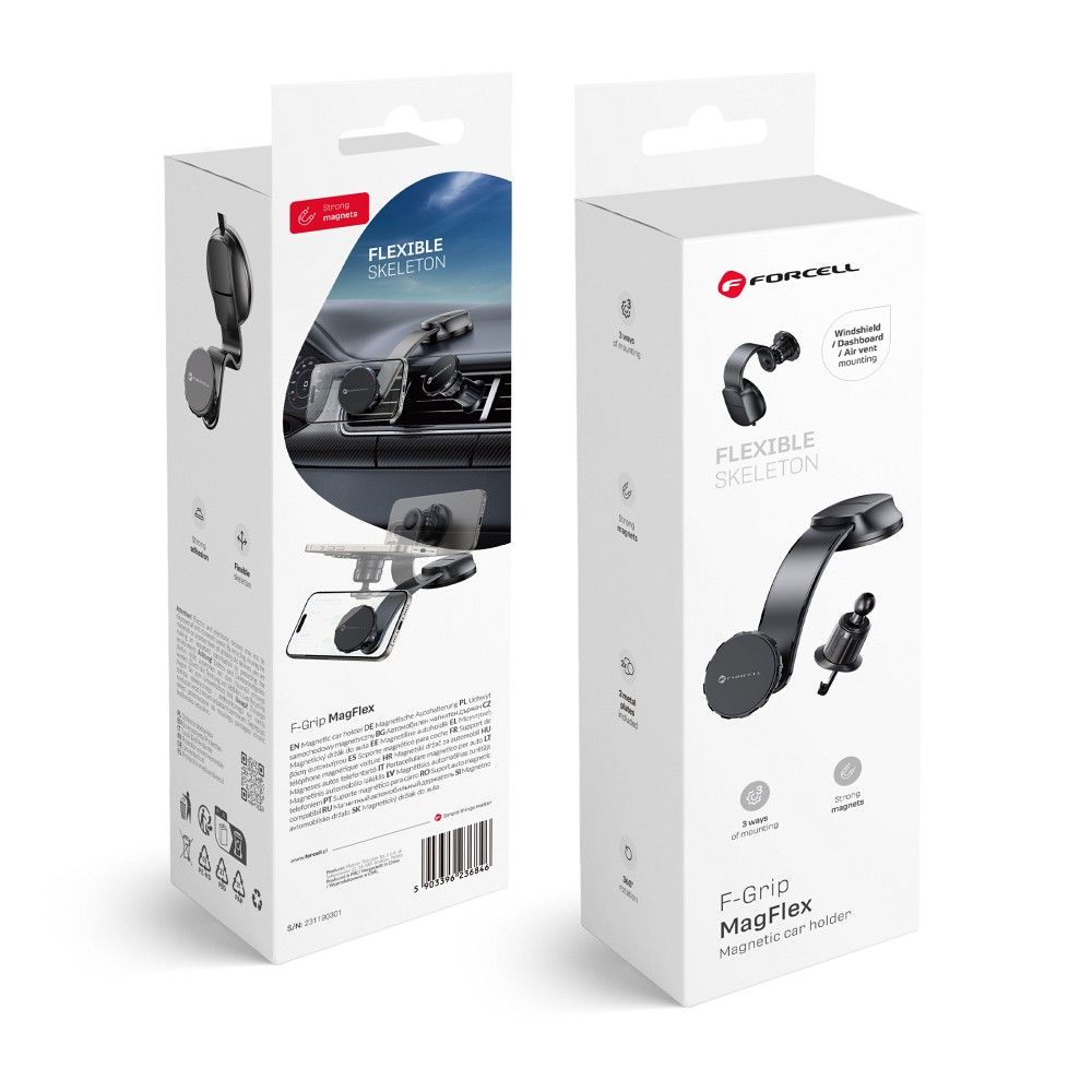 FORCELL F-GRIP MagFlex magnetinis automobilio laikiklis priekinio stiklo / prietaisų skydelio / oro angai juodas