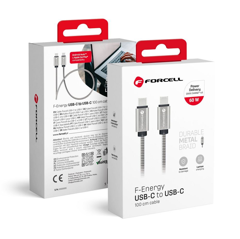 FORCELL F-ENERGY Metal C237 kabelis Type-C į Type-C PD QC4.0 3A 60W 1 m sidabrinis