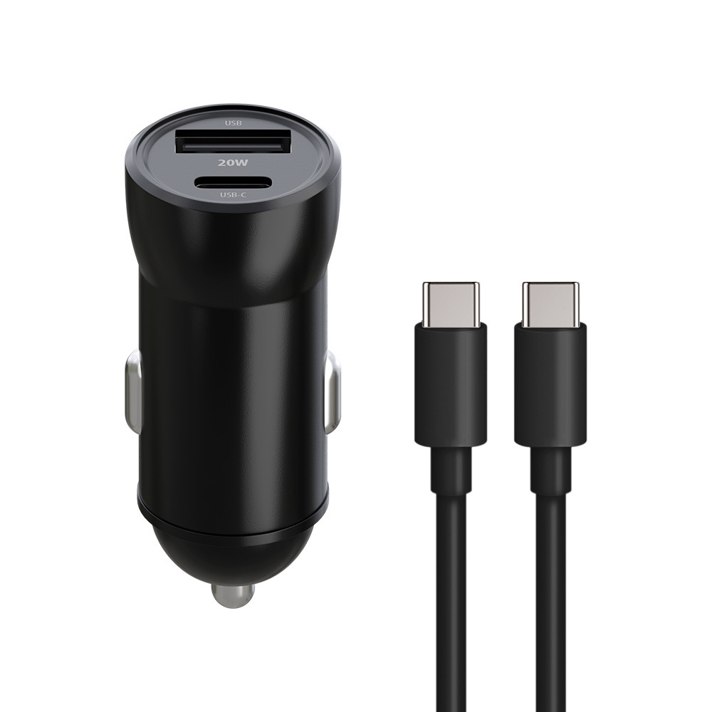"Maxlife MXCC-04 PD QC automobilinis įkroviklis 1x USB-C 1x USB 20W juodas + USB-C - USB-C kabelis 60W